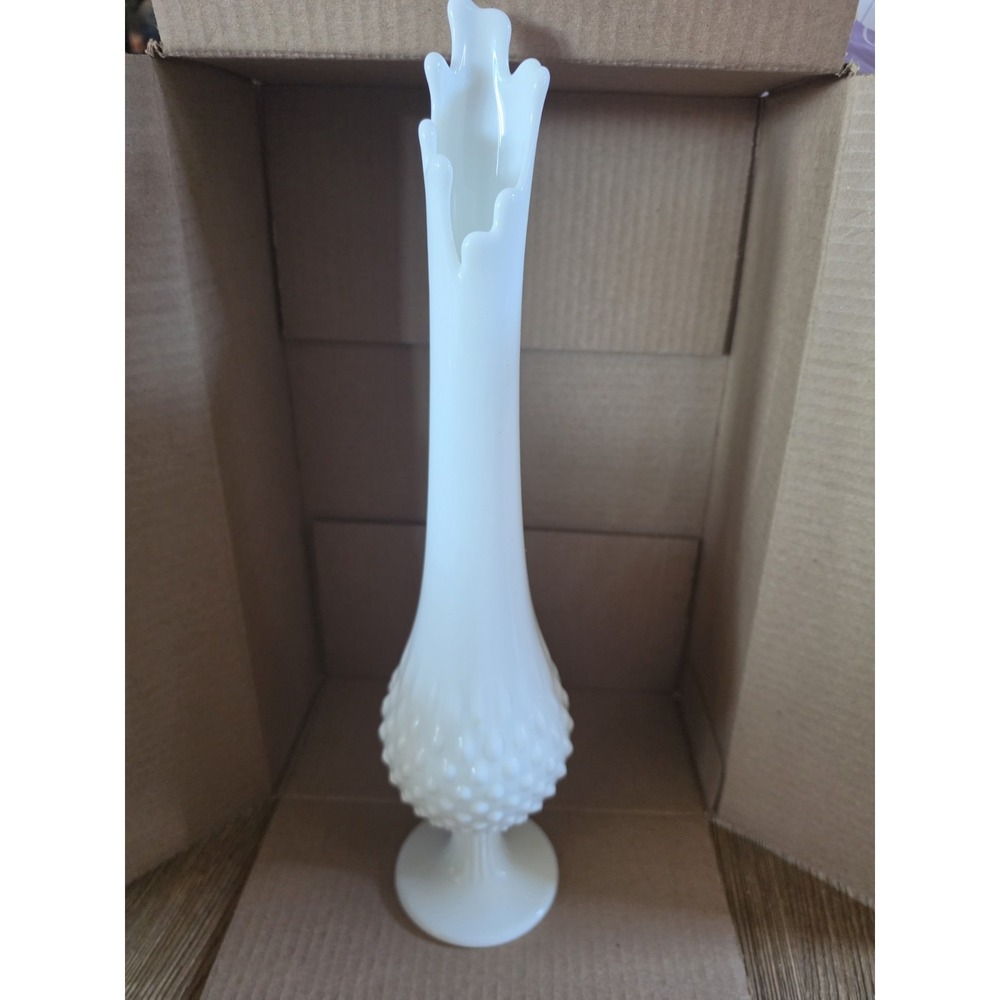 FENTON White Hobnail Milk Glass Swung Pedestal Vase 15.5" Vintage - Picture 5 of 8